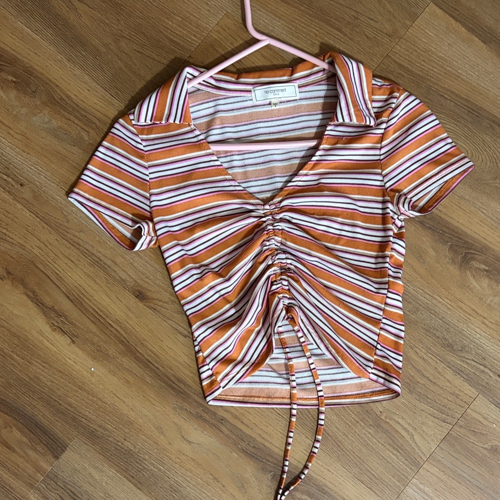 No Comment V-Neck Striped Crop Top in Orange and White